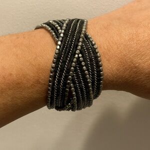 Vintage Bead Twisted Cuff Bracelet Black and Silver seed beads on wire OS